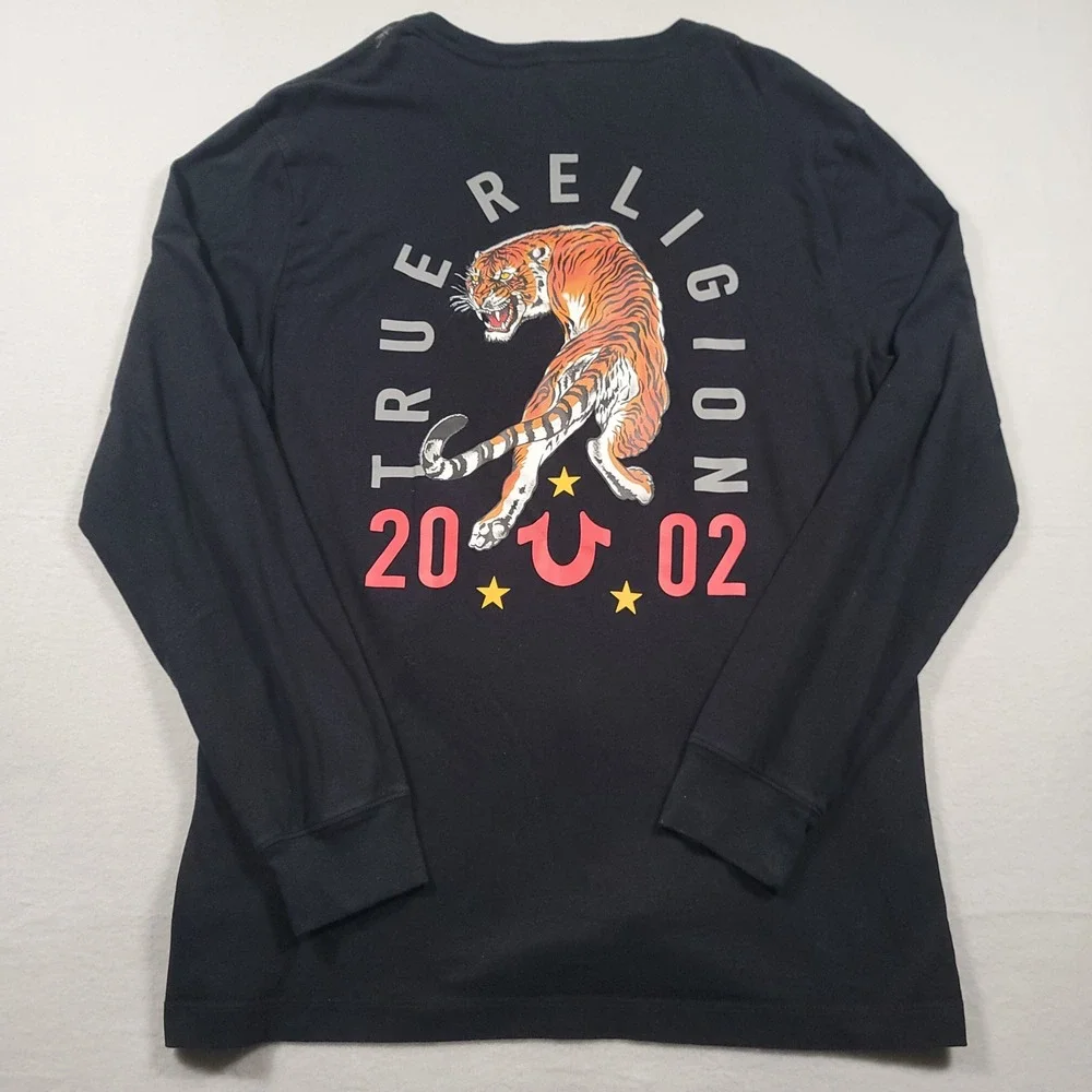True Religion Tiger LS Crew Neck Tee Mens XL Black Graphic Back Cotton 104484